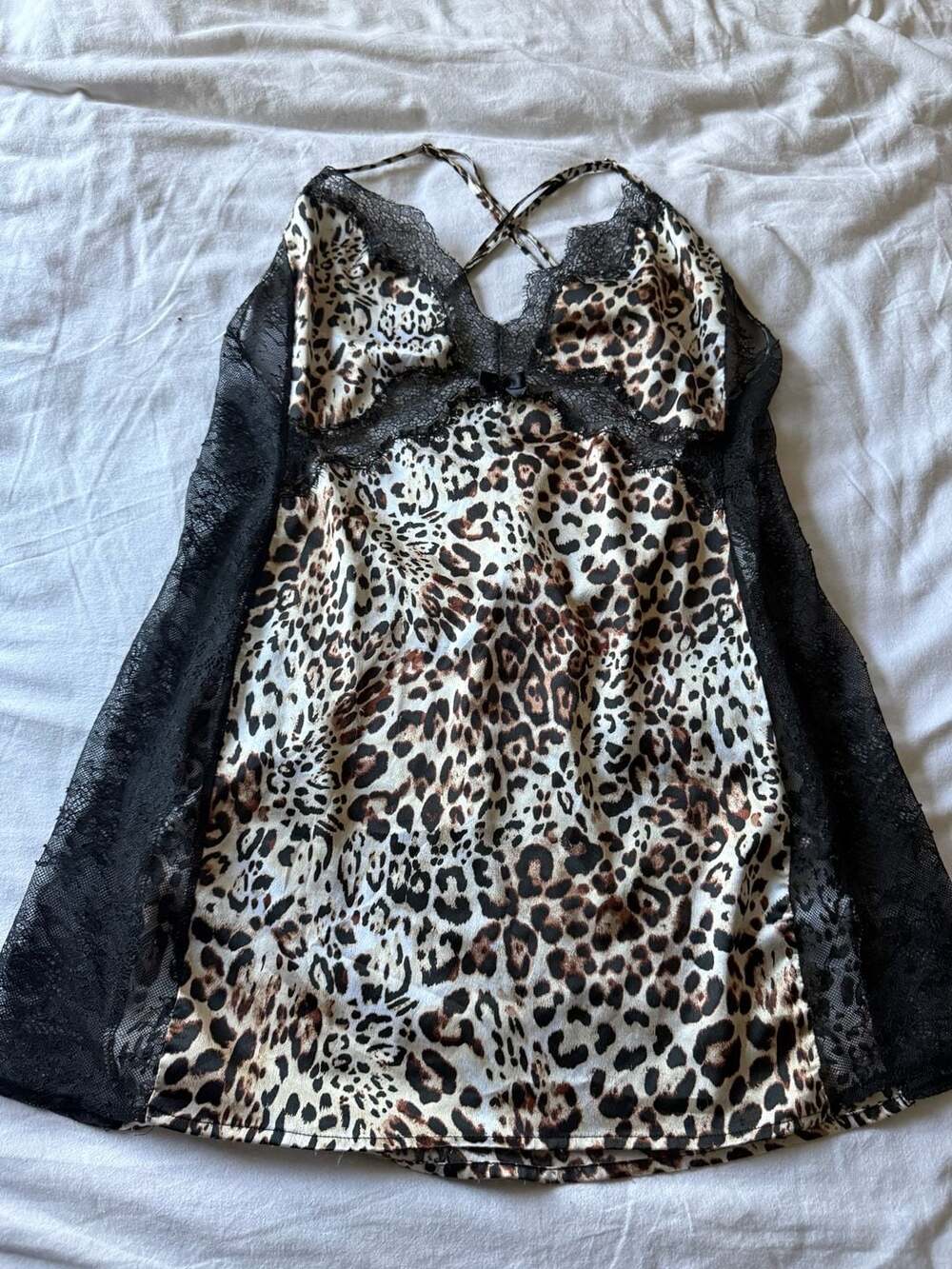 Victoria's Secret Leopard Print Satin & Black Lace Chemise Slip Nightgown L/G
